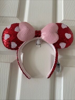 Disney Sequin Heart Minnie Ears Headband - Pink Bow, Red Hearts